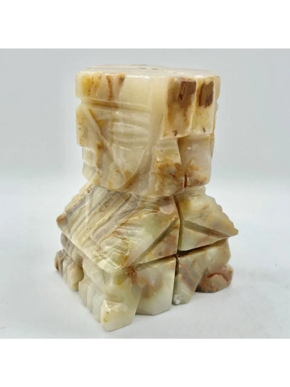 Vintage Onyx Stone Tiki Style Bookends Carved Banded Calcite Mid Century Pair